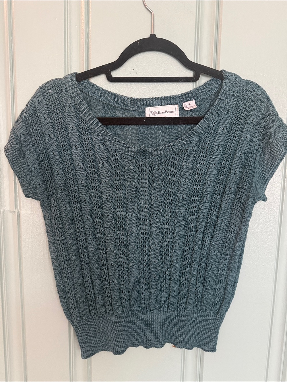Vintage Evan Picone Teal Cable-Knit Short Sleeve Scoop Sweater